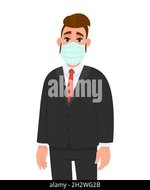 Young businessman wearing medical mask. Trendy hipster person covering face protection from virus disease. Modern lifestyle. Male character cartoon il Stock Vector