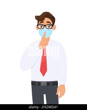 Young businessman wearing face medical mask and asking silence please. Keep quiet. Trendy person covering surgical mask and gesturing finger on lips. Stock Vector