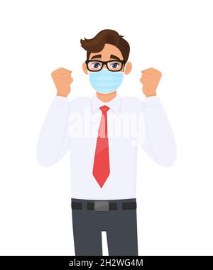 Excited young businessman wearing face medical mask and showing raised hand fist. Trendy person covering surgical mask and gesturing success symbol. Stock Vector