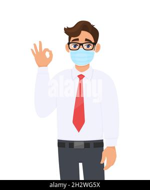 Young business man wearing face medical mask and showing okay, OK sign. Trendy person covering surgical mask and gesturing agree, success symbol Stock Vector