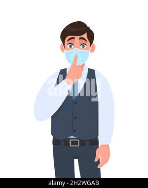 Young business man wearing medical mask and asking silence. Person keeping finger on lips. Male character in waistcoat covering face protection Stock Vector