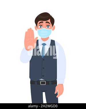 Young business man wearing medical mask and showing stop sign with hand palm. Person in waistcoat covering face protection and gesturing warning Stock Vector