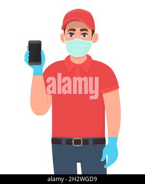 Courier or delivery person in mask and gloves showing phone. Man holding smartphone. Male character displaying cell, mobile phone. Corona virus Stock Vector