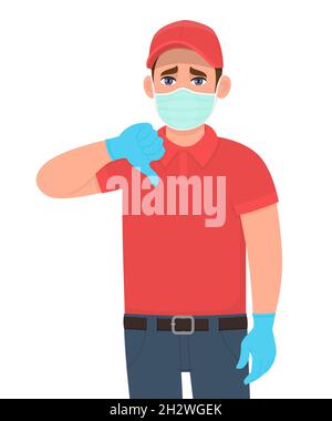 Unhappy delivery man or courier in mask and gloves showing thumbs down sign. Person gesturing dislike or bad. Male making negative symbol. Corona Stock Vector