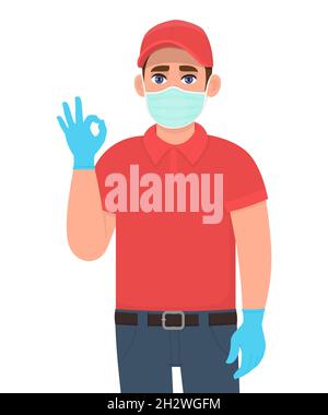 Delivery man or courier in mask and gloves showing okay, OK sign. Person gesturing cool. Male making success symbol with fingers. Corona virus Stock Vector