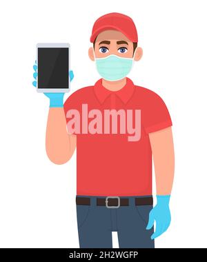 Delivery person or courier in mask and gloves showing blank tablet computer. Man holding modern gadget. Male displaying device technology. Corona Stock Vector