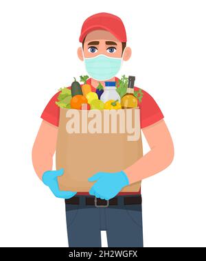 Courier or deliveryman in mask and gloves holding grocery pack. Person carrying vegetable paper bag. Man giving shopping products. Corona virus Stock Vector