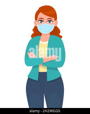 Young woman wearing medical mask and keeping arms crossed. Girl covering face protection from virus epidemic and standing with folded hands. Stock Vector