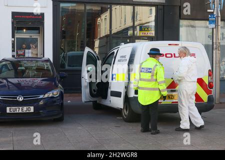 24th Oct, 2021. Southend on Sea, UK. A serious incident has occurred on the High Street, with a police cordon in place and a Police forensic van on the scene. Penelope Barritt/Alamy Live News Stock Photo