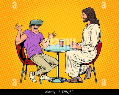 A young man in virtual reality glasses and Jesus next to him. Religion and virtual life Stock Vector