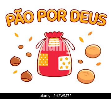 Pão-por-Deus (Portuguese for Bread for God) All Saints Day tradition in Portugal. Cloth bag, broas (cakes) nuts and chestnuts. Cartoon vector illustra Stock Vector