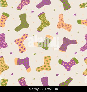 Vector seamless pattern with socks in cartoon style. Socks of funny cartoon designs with letters, hearts, triangles, flowers. Stock Vector