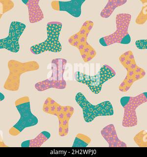 Vector seamless pattern with socks in cartoon style. Different variants of socks design - letters, dots, hearts, triangles, flowers. Stock Vector