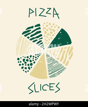 Modern stylized pizza box collage poster, in green and sand colors. Stock Vector