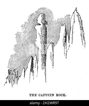 An 1859 wood cut illustration entitled “The Capucin Rock” depicting the rock pinnacle located underneath Mont Blanc du Tacul in the Mont Blanc Massif in Haute-Savoie, France.