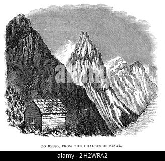 An 1859 wood cut illustration entitled “Lo Besso, from The Chalets of Zinal”. Val d'Anniviers, Switzerland. Stock Photo