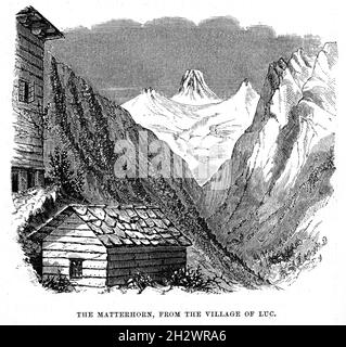 An 1859 wood cut illustration entitled “The Matterhorn, from the village of Luc”. Saint-Luc is a village in the district of Sierre in the Swiss canton of Valais, Switzerland. Stock Photo