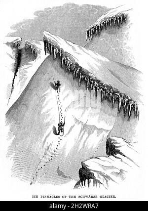 An 1859 wood cut illustration entitled “Ice Pinnacles of The Schwärze Glacier”. Valais, Switzerland. Stock Photo