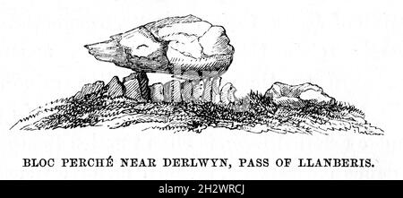 An 1859 wood cut illustration entitled “Bloc Perché near Derlwyn, Pass of Llanberis”. Depicts a balanced rock in the Llanberis Pass in Snowdonia, Wales. Stock Photo