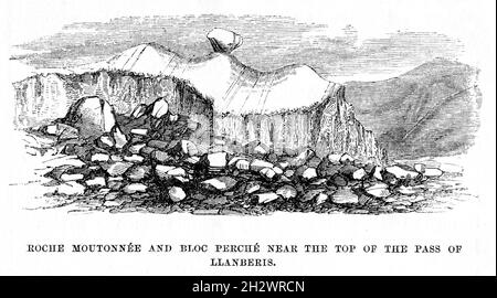 An 1859 wood cut illustration entitled “Roche Moutonnée and Bloc Perché near the top of The Pass of Llanberis”. Snowdonia, Wales. Stock Photo