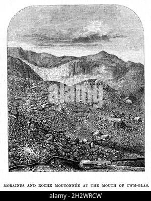 An 1859 wood cut illustration entitled “Moraines and Roche Moutonnée at the mouth of Cwm-Glas”. Snowdonia, Wales. Stock Photo