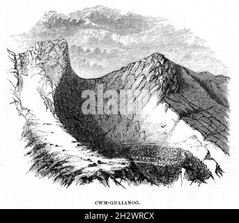 An 1859 wood cut illustration entitled “Cwm-Graianog”. Snowdonia, Wales. Stock Photo