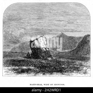 An 1859 wood cut illustration entitled “Maen-Bras, West of Snowdon”. Snowdonia, Wales. Stock Photo