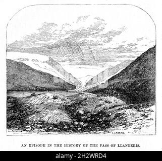 An 1859 wood cut illustration entitled “An episode in the history of the Pass of Llanberis”. Snowdonia, Wales. Stock Photo