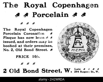 A 1902 advertisement promoting a commemorative King Edward VII Coronation plaque. Manufactured by Royal Copenhagen Porcelain. The company’s London headquarters was located at 2 Old Bond Street. Stock Photo