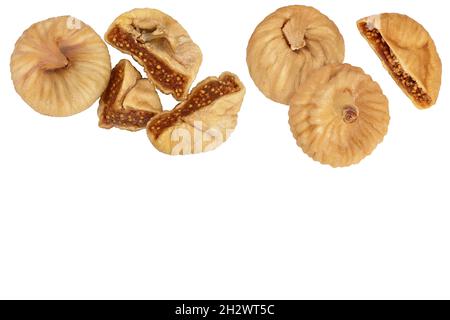 dried fig isolated on white background with clipping path and full depth of field. Top view with copy space for your text.. Flat lay Stock Photo