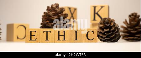 The word ethic was created from wooden cubes. Stock Photo