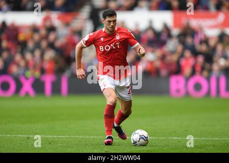 NOTTINGHAM, UK. OCT 24TH Scott McKenna of Nottingham Forest runs with the ball during the Sky Bet Championship match between Nottingham Forest and Fulham at the City Ground, Nottingham on Sunday 24th October 2021. (Credit: Jon Hobley | MI News) Credit: MI News & Sport /Alamy Live News Stock Photo