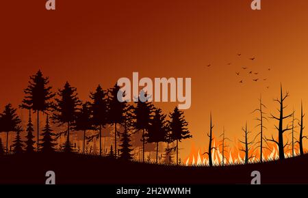 Forest fire. Flat vector illustration. Burning forest spruces in fire flames vector illustration Stock Vector