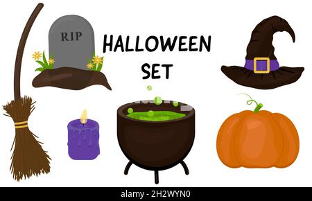 Collection of items for halloween in flat style  Stock Vector