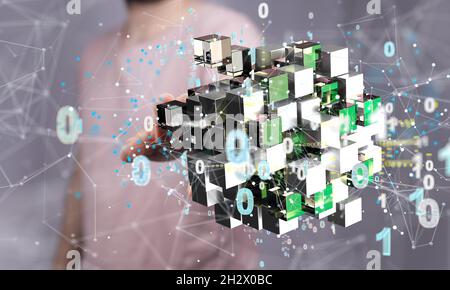 A male's hand pointing to illustrated actionable analytics connecting people on the internet Stock Photo