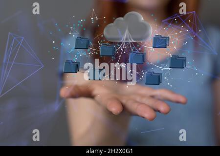 A female's hand holding augmented analytics data cloud storage network Stock Photo
