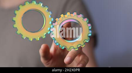 A male's hand pointing to illustrated internet net and data digital concept Stock Photo