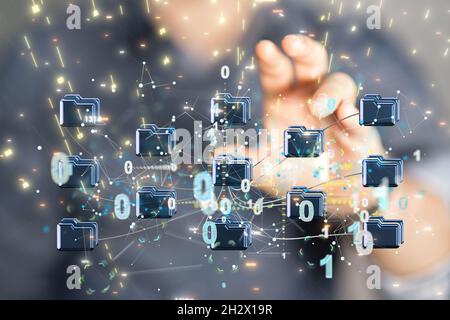 A male's hand holding augmented analytics data cloud storage network Stock Photo