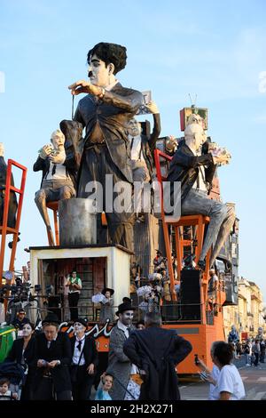 Viareggio-Italy-October 2021 The famous carnival where allegorical floats built by local artisans parade along the seafront. Stock Photo