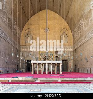 Cairo, Egypt- September 25 2021: monumental main Iwan of Mamluk era historical public Mosque and Madrasa of Sultan Hassan, Old Cairo