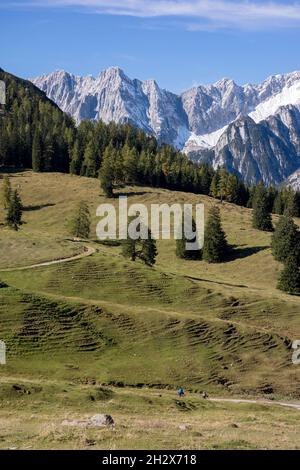 Hikers near Gnadenwald, Tirol, Austria Stock Photo