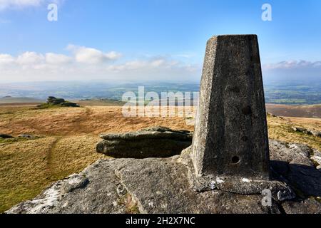 Great Links Tor with its prominent Trig Point on Western Dartmoor in Devon UK Stock Photo