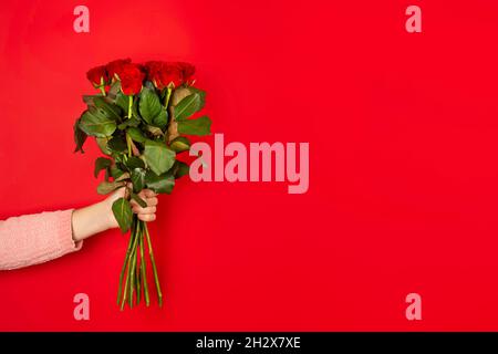Beautiful bouquet of red roses in a woman hand isolated on white background. Trendy poster for Valentines Day, International Womens Day or mothers day Stock Photo