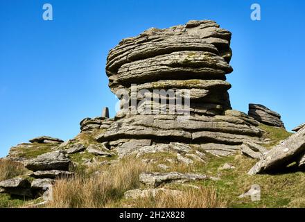 Great Links Tor with its prominent Trig Point on Western Dartmoor in Devon UK Stock Photo