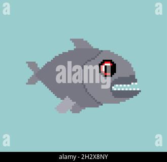 Piranha pixel art. freshwater fish pixelated. 8 bit vector illustration Stock Vector