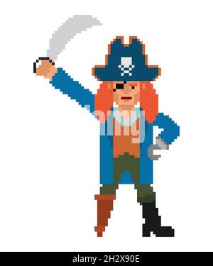 Pirate pixel art. Filibuster 8 bit. pixelated buccaneer Stock Vector