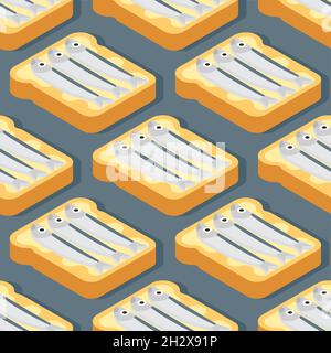 Herring bread pattern seamless. toast with fish ornament. Piece of bread with fish background. food texture Stock Vector