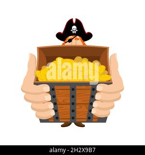 Pirate and treasure chest. Filibuster and box of gold. buccaneer vector illustration Stock Vector