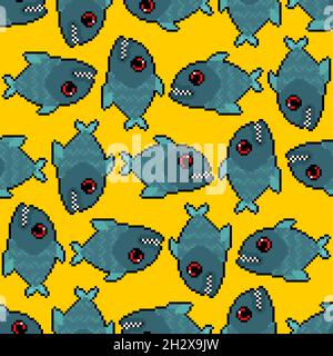 Piranha pixel art pattern seamless. freshwater fish pixelated background. 8 bit texture Stock Vector