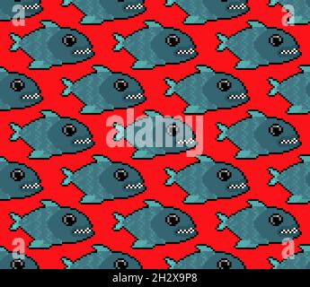 Piranha pixel art pattern seamless. freshwater fish pixelated background. 8 bit texture Stock Vector